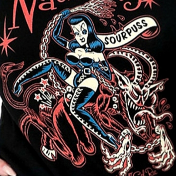 Sourpuss Naughty Natasha Fatale Riding Krampus Christmas Monster Tattoo Art Top - Picture 4 of 5